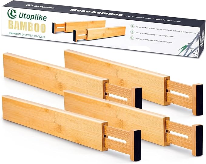 Utoplike Small Bamboo Kitchen Drawer Dividers(Fits 15"-17.7" Drawer Inner Size), 4 PCS Adjustable Drawer Organizers for Socks, Spring Loaded, Works in Drawer for Bedroom, Dresser-Ruum Studio Home