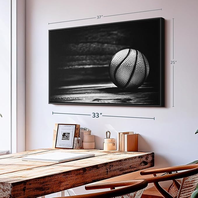ElephantStock Basketball Wall Art - Horizontal Framed Canvas - 1-Piece Hallway Wall Decor - Photography sports Canvas Print - Black and Gray Decor for Wall - 37" X 25"-Ruum Studio Home