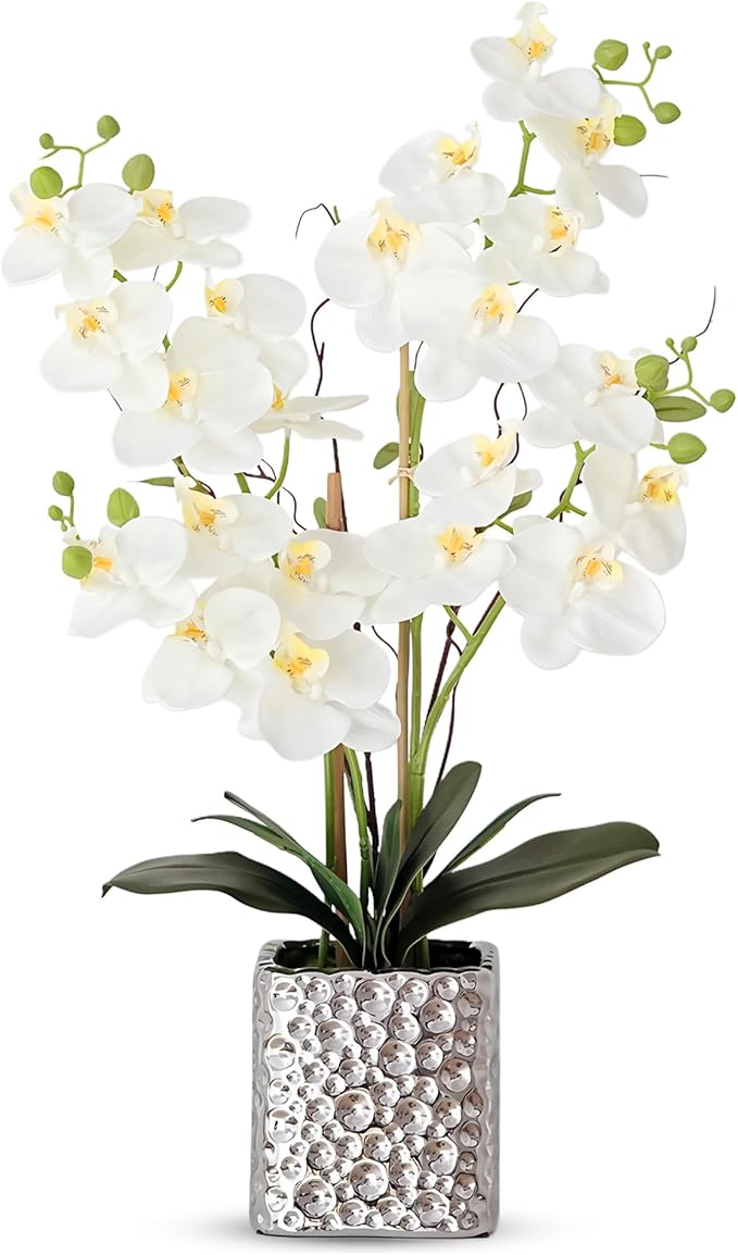 Orchid Artificial Flowers with Sliver Vase Large Silk Faux Phalaenopsis Flowers for Dining Room Table Floral Centerpieces Indoor Decoration,White-Ruum Studio Home
