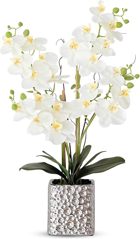 Orchid Artificial Flowers with Sliver Vase Large Silk Faux Phalaenopsis Flowers for Dining Room Table Floral Centerpieces Indoor Decoration,White-Ruum Studio Home
