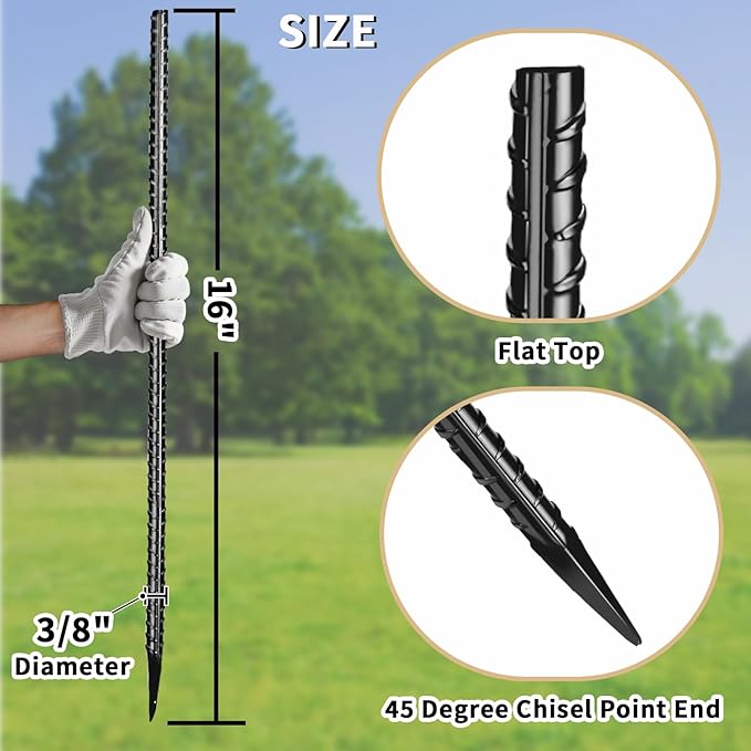 16 inches Rebar Stakes 18-Pack Heavy Duty Ground Stakes Rebar Spikes Garden Stakes Metal Steel Stake for Concrete and Timber Straight Black-Ruum Studio Home