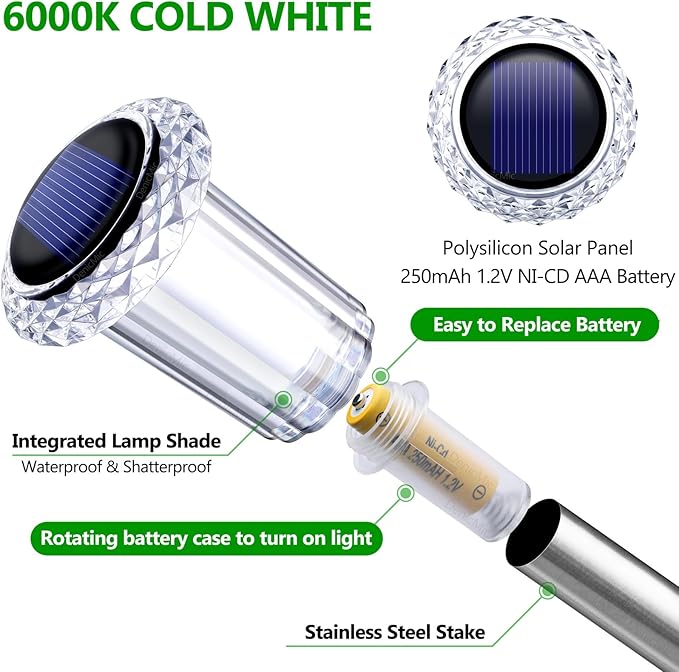 DenicMic Solar Lights Outdoor 15 Pack Waterproof 6000K Cold White LED Stainless Steel Stake for Pathway Yard Garden Driveway Solar Powered Outside Decor-Ruum Studio Home