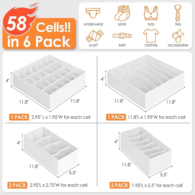 6 Pack Sock Underwear Drawer Organizer Dividers, 58 Cell Foldable Fabric Dresser Closet Organizers and Storage Bins for Clothing, Baby Clothes, Bra, Panty, Scarf, Ties (White)-Ruum Studio Home