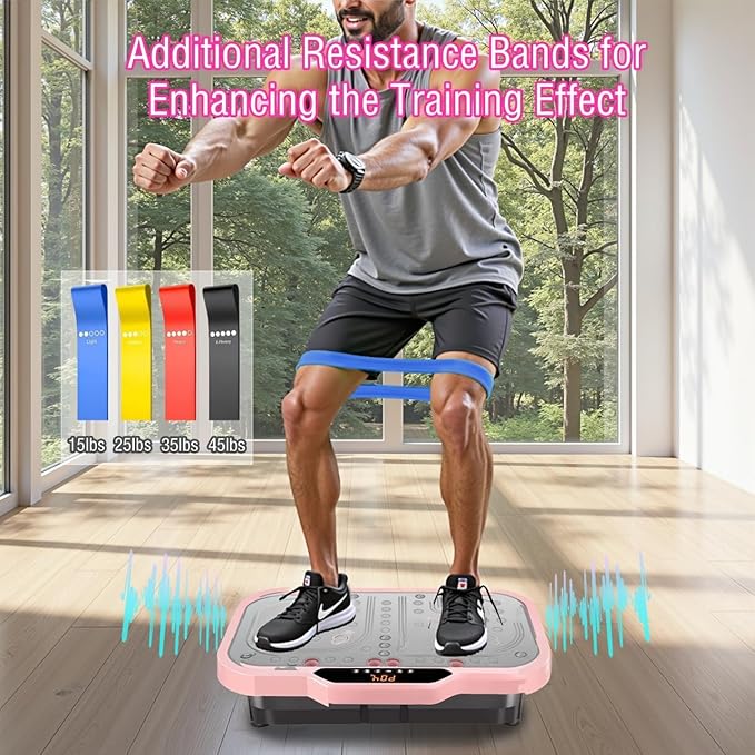 Vibration Plate Exercise Machine, Vibrating Fitness Platform Whole Body Shake Board Workout Equipment Fat Burner Vibrate Stand with Bluetooth Resistance Bands for Women Men Home Sport Gym-Pink-Ruum Studio Home