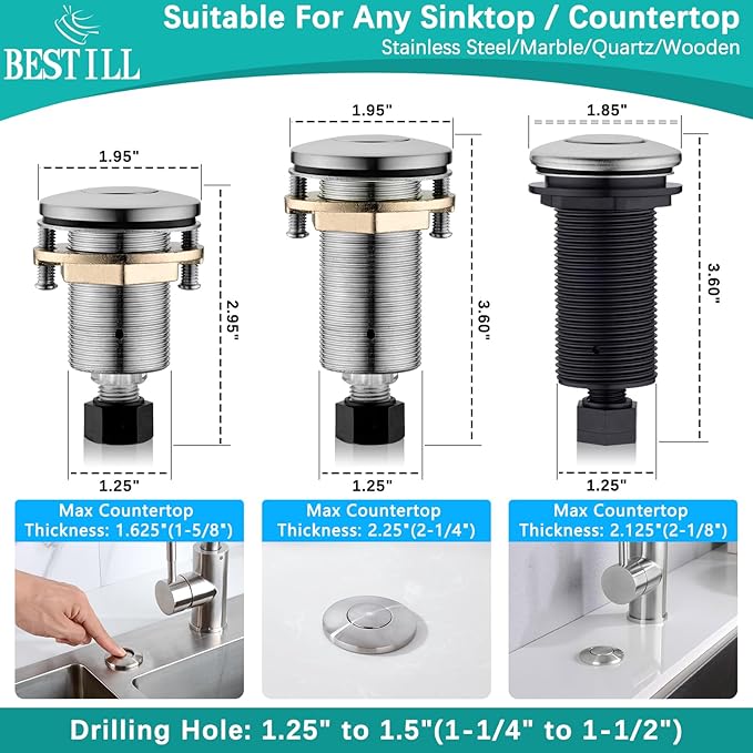 BESTILL Garbage Disposal Air Switch Kit - UL Listed, Brass 3.6" Long Push Button for Waste Disposer, Cordless Sink Top Switch Button, Brushed Nickel, Compatible with all Garbage Disposals-Ruum Studio Home