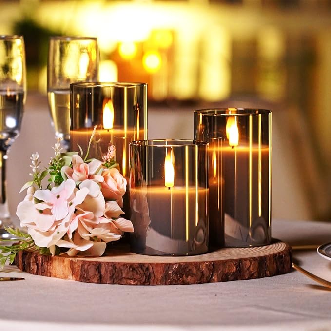 Homemory Grey Glass Flameless Candles, Battery Operated LED Pillar Candles with Remote Control and Timer, Radiance Candles, Real Wax, Set of 3,D3 xH4 5" 6"-Ruum Studio Home