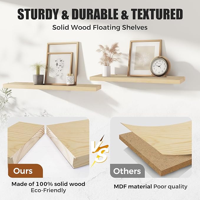 Floating Wall Shelves 3-Pack - 24-Inch Rustic Wooden Shelves for Storage and Décor, Easy Installation for Living Room, Bedroom, and Kitchen-Ruum Studio Home