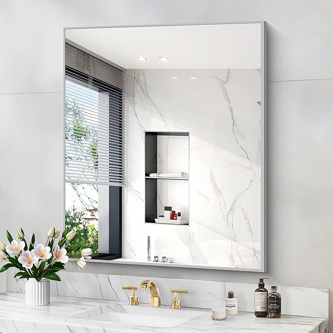 Silver Bathroom Mirror for Wall, 30x36 Inch Rectangle with Metal Frame, Modern Vanity for Bathroom Living Room, Entryway Hangs Horizontal or Vertical-Ruum Studio Home