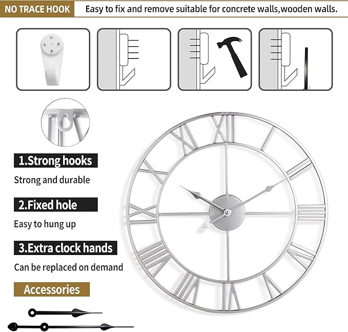 Large Wall Clock for Living Room Decor - 47cm/ 18 Inches Silent Non-Ticking Metal Wall Clocks Battery Operated, Vintage Decorative Modern Wall Clock for Bedroom, Office, Farmhouse Decor-Ruum Studio Home