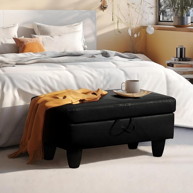 Ottoman Rectangular Storage Ottoman Bench, Faux Leather Footrest, Coffee Table, Stool Footstool with Hinged Lid for Living Room, Bedroom, Entryway, Black, 28.5"x19"x17.5"-Ruum Studio Home