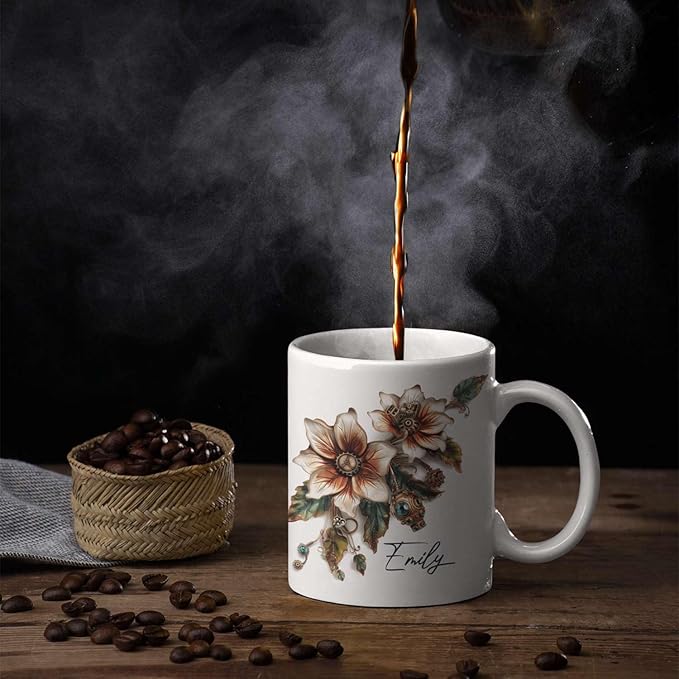 Customized Name Coffee Cup, Custom Steampunk Floral Design Cup, Personalized Flower Lover Ceramic Cup 11oz, White Mug Gift For Floral Enthusiasts, Steampunk Flower Cup For Birthday-Ruum Studio Home