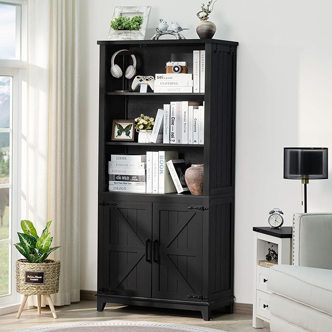 70in Tall Bookshelf 5 Tier Bookcase with Barn Doors and Adjustable Shelves, Black Farmhouse Book Shelf with Storage Cabinet, Wood Freestanding Display Bookshelves for Bedroom, Living Room-Ruum Studio Home