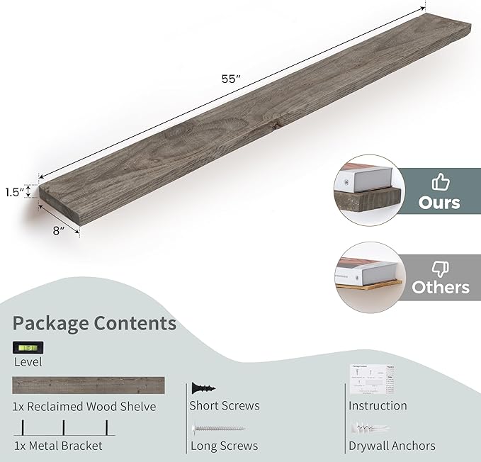 Solid Wood Floating Shelves, 8" Deep Rustic Reclaimed Barnwood Wall Hanging Floating Shelf with Invisible Heavy-Duty Metal Bracket | Wall Mounted | Farmhouse Style | 55 inches,1PC,Grey-Ruum Studio Home