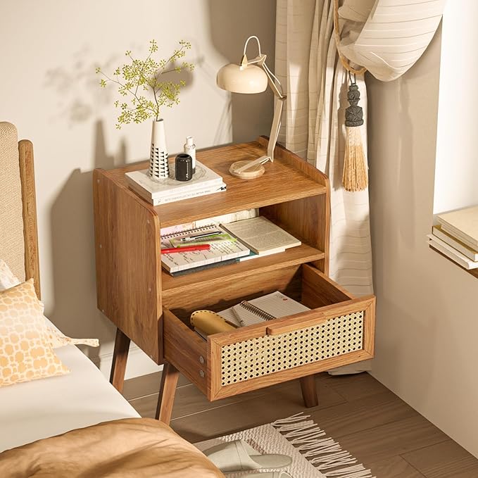 Lerliuo Rattan Nightstand, Side Table with Drawer Open Shelf, Cane Accent Bedside End Table with Solid Wood Legs, Mid Century Modern Night Stand for Bedroom, Dorm and Small Spaces (Tea Brown)-Ruum Studio Home
