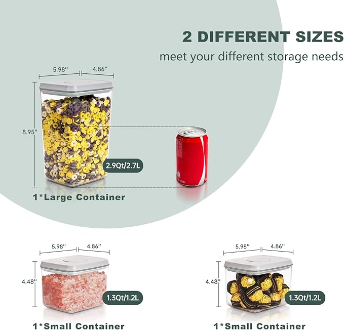 Pop Top Food Storage Containers, 3-Piece Pantry Containers with Lids Airtight, BPA Free Pop Containers for Food Storage, 2 * 1.3Qt+2.9Qt-Ruum Studio Home