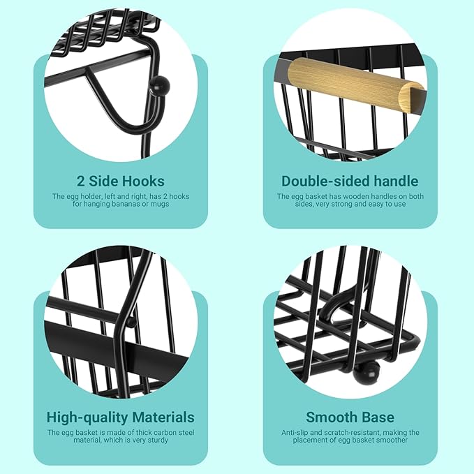 3 Tier Fruit Basket for Kitchen Counter with 2 Banana Hangers, Countertop Metal Fruit Bowl with Wooden Handle, Large Storage Stand for Vegetables, Snacks, Breads, Produce Storage – Black-Ruum Studio Home