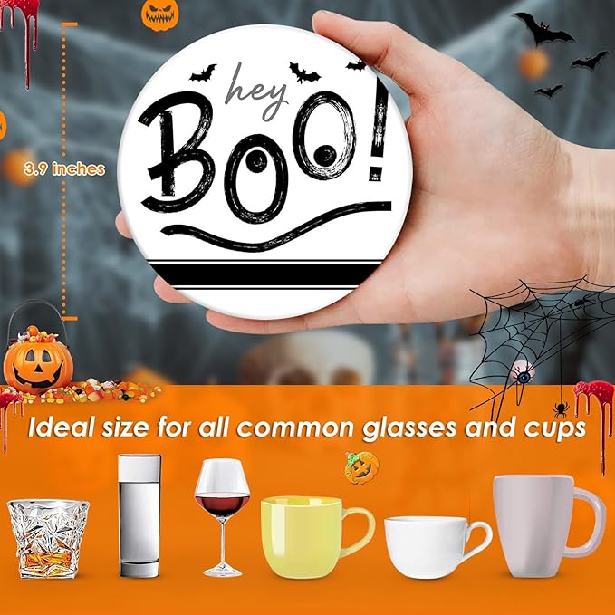 Coaster for Drinks Set of 6, Halloween Hey Boo Cute Ghost Spooky Black White Absorbent Round Ceramic Stone Mat, with Cork Base and Metal Holder, Gift for Housewarming Room Bar Decor-Ruum Studio Home