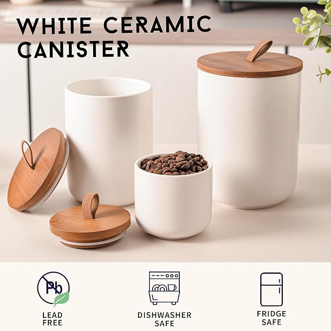 White Ceramic Canister Set with Bamboo Lids, 3-Piece Airtight Food Storage Jars for Kitchen - Flour, Sugar, Coffee, Tea, Spice - Small, Medium, Large Sizes-Ruum Studio Home