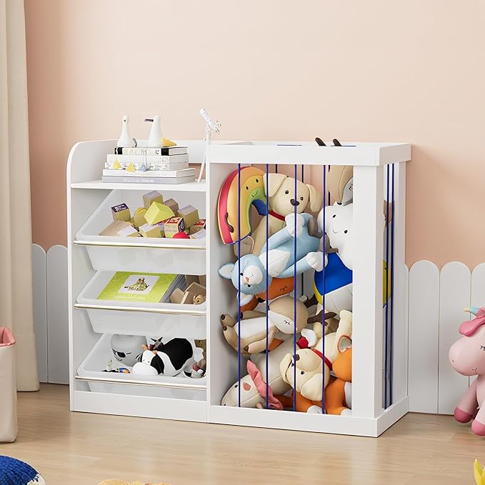 Kids Toy Storage Organizer with 3 Removable Plastic Bins Toddler Montessori Bookshelf with Stuffed Animal Net Holder Baby Bookcase Plush Organizer for Playroom,Bedroom,Kids Room,Classroom,Nursery-Ruum Studio Home