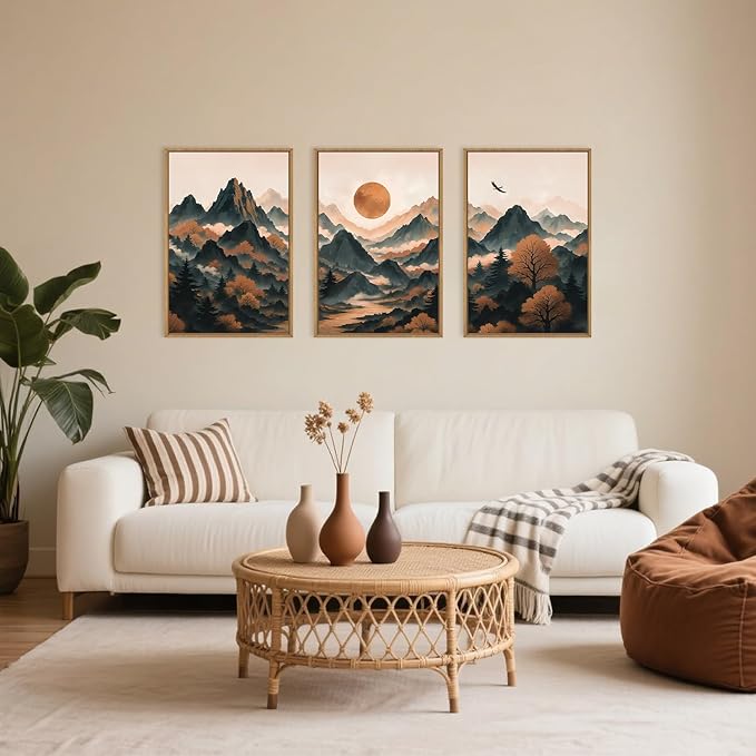 Celestdeco Large Boho Mountain Framed Canvas Wall Art Set, Brown Ridge Landscape Wall Decor, Pine Tree Scenery Wall Painting, Abstract Wilderness Art Print for Living Room, Bedroom, Office - 24"X36"X3-Ruum Studio Home