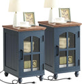 Narrow Side Table Set of 2,Farmhouse Nightstand with Charging Station,End Table with Glass Barn Door Storage, Cabinet Organizer with Adjustable Shelf, Night Stand for Small Spaces Living Room Bedroom-Ruum Studio Home
