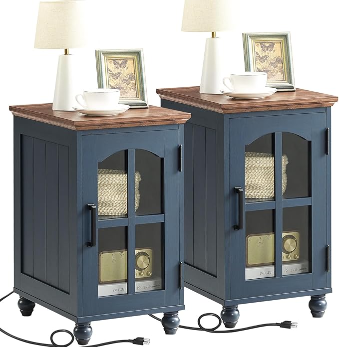 Narrow Side Table Set of 2,Farmhouse Nightstand with Charging Station,End Table with Glass Barn Door Storage, Cabinet Organizer with Adjustable Shelf, Night Stand for Small Spaces Living Room Bedroom-Ruum Studio Home