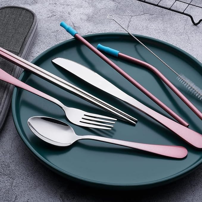 Travel Utensils Set with Case Reusable Portable Cutlery Set Stainless Steel 8pcs Including Dinner Knife Fork Spoon Chopsticks straws(Gradient Pink)-Ruum Studio Home