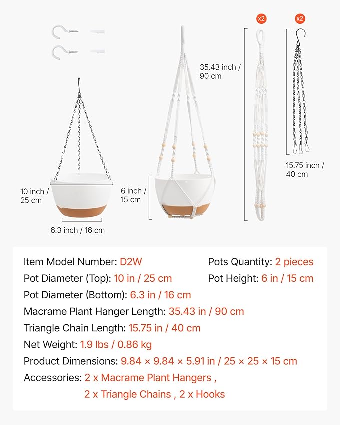 VEVOR Hanging Planters, 10 Inch Self-Watering Hanging Planter, 2 Pack Flower Pots with Drainage Hole & 2 Kinds of Plant Hangers, Plastic Basket Pots, for Garden Home Decor, Indoor & Outdoor Plants-Ruum Studio Home