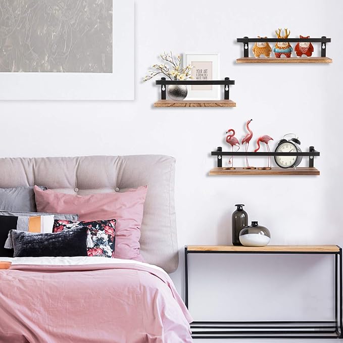 Floating Shelves Rustic Wood Wall Mounted Shelf Practical Metal Fence Design Ideal for Bedroom, Bathroom, Kitchen Set of 3(Carbonized Black)-Ruum Studio Home