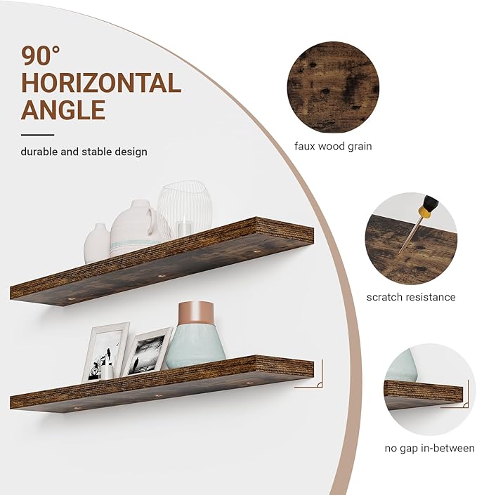 Floating Shelves for Wall 48 Inches Long,9.3" Deep Rustic Brown Floating Shelf Set of 2,Wall Mounted Wood Shelves for Bathroom Bedroom Living Room Kitchen Office,Shelf for Books Storage Room Decor-Ruum Studio Home