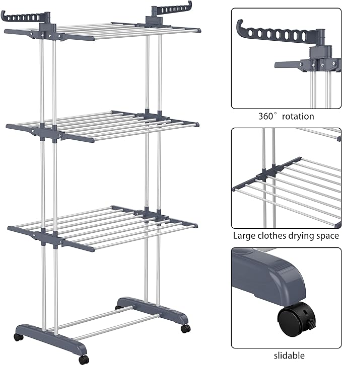 HOMIDEC Clothes Drying Rack, Oversized 4-Tier(67.7" High) Foldable Stainless Steel Drying Rack Clothing, Movable Drying Rack with 4 castors, 24 Drying Poles and 14 Hooks for Bed Linen, Clothing, Grey-Ruum Studio Home