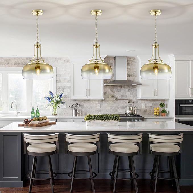 WUZUPS Gold Chandelier Rustic Farmhouse Industrial Round Ceiling Pendant LED Light Fixture with Gradient Glass Shade for Dining Room Kitchen Island Foyer Entryway, H 17" W 13.4", E26 Base-Ruum Studio Home