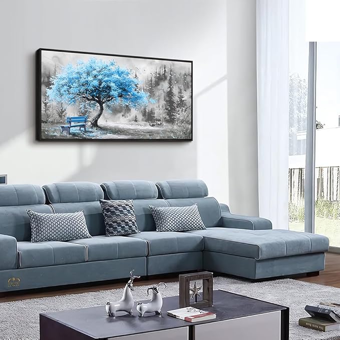 ZUITINGHUA Large Black Framed Wall Decor For Living Room Canvas Wall Art For Office Modern Wall Decorations For Bedroom Blue Tree Landscape Paintings Black And White Pictures Home Decor 24x48 In-Ruum Studio Home