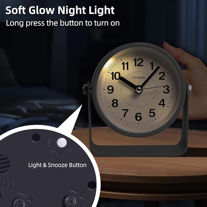 Analog Alarm Clock, Silent Non-Ticking Quartz Movement, Battery-Operated with Snooze & On-Demand Light, Easy to Set Gentle Wake Bedside Desk Clock, Ideal for Home, Travel, Office (Gray)-Ruum Studio Home