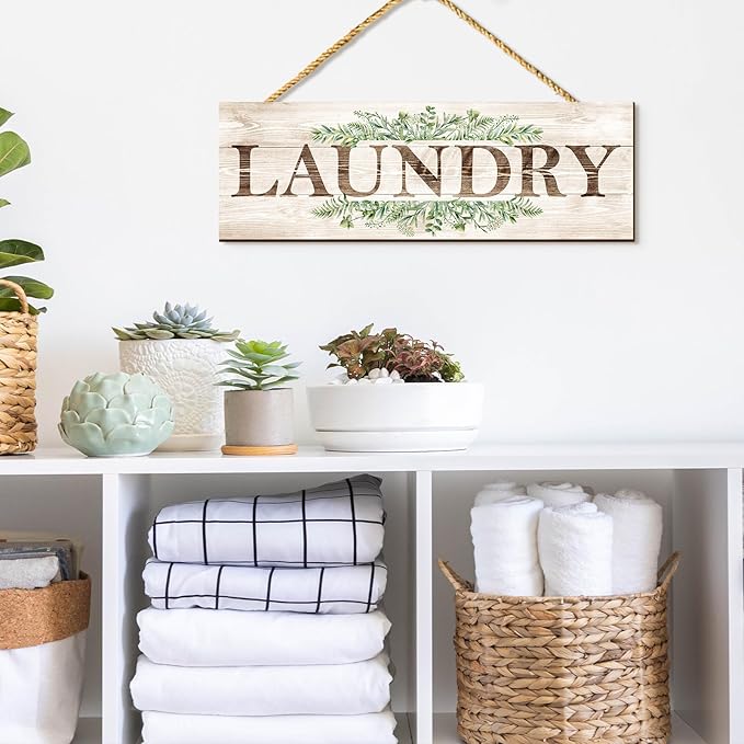 Bathroom Kitchen Laundry Pantry Sign Wall Decor 4 Piece, Wall Art with Plant Print, Rustic Farmhouse Wall Hanging Plaque Home Kitchen Decorative Bathroom, 4.7 x 13.7 inches-Ruum Studio Home
