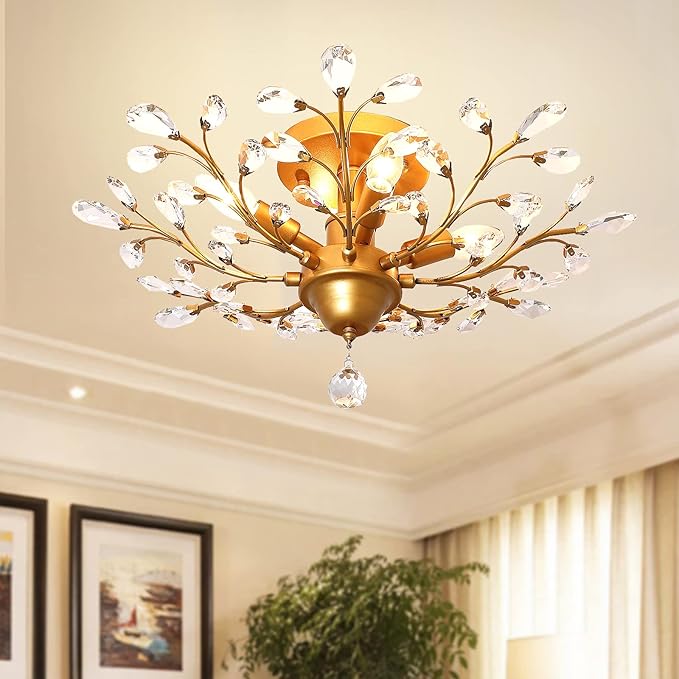 Ganeed Crystal Chandeliers,K9 Crystal Ceiling Light,Vintage Light Fixtures Pendant Lighting for Living Room Bedroom Restaurant Porch Hallway (4-Light,Golden)-Ruum Studio Home