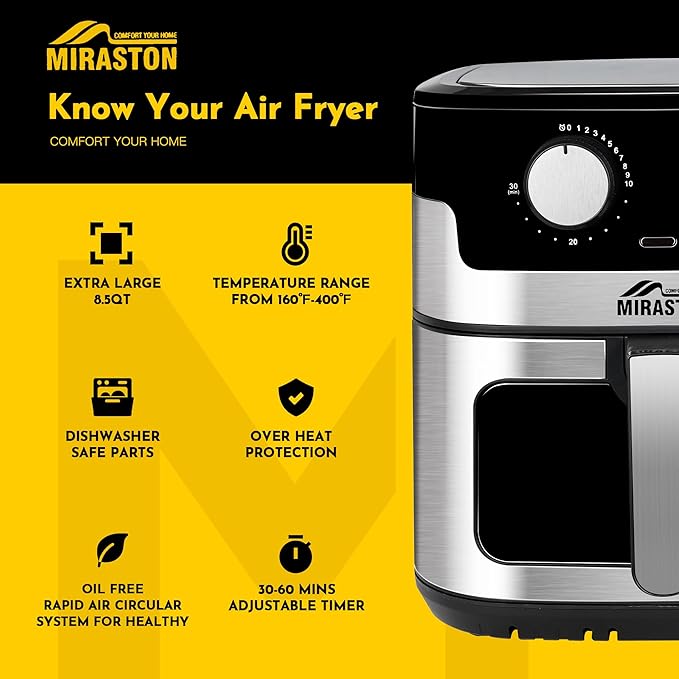 8.5QT Air Fryer, Upgraded Family Size Capacity, Visual Window, Square Basket Dials Stainless Steel Air Fryers, Reheat Leftovers, Easy Cooking for Healthier Breakfast & Dinner in Minutes-Ruum Studio Home