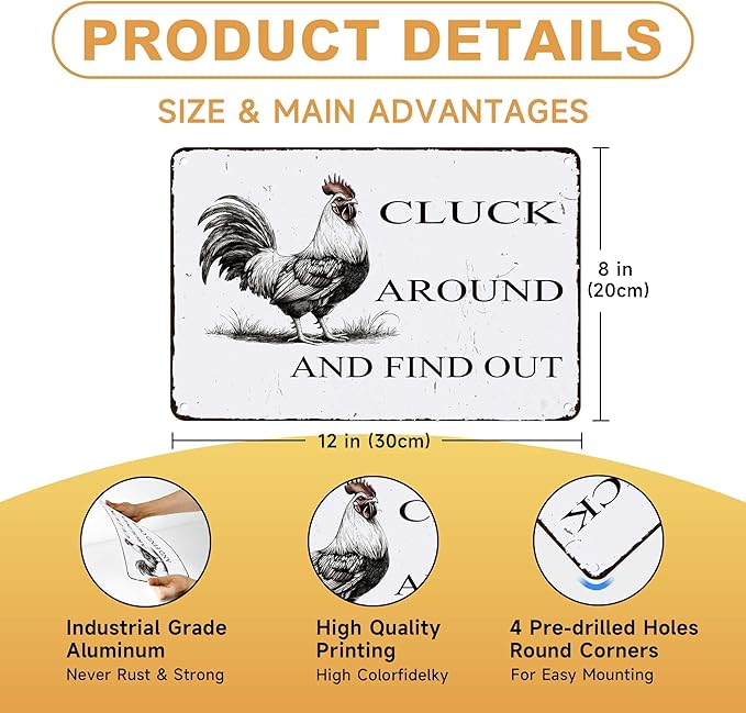 Funny Chicken Coop Sign "Cluck Around & Find Out" Vintage Metal Tin Sign 8x12 Inch - for Farmhouse Kitchen Decor,Chicken Coop Accessories,Barn,Rustic Home & Garden Wall Art with Hanging Holes-Ruum Studio Home