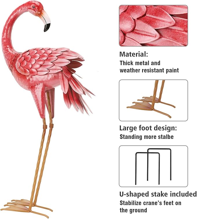 Kircust Flamingo Garden Statues and Sculptures, Metal Birds Yard Art Outdoor Statue, Large Pink Flamingo Lawn Ornaments for Home, Patio, Backyard Decor (2-Pack)-Ruum Studio Home