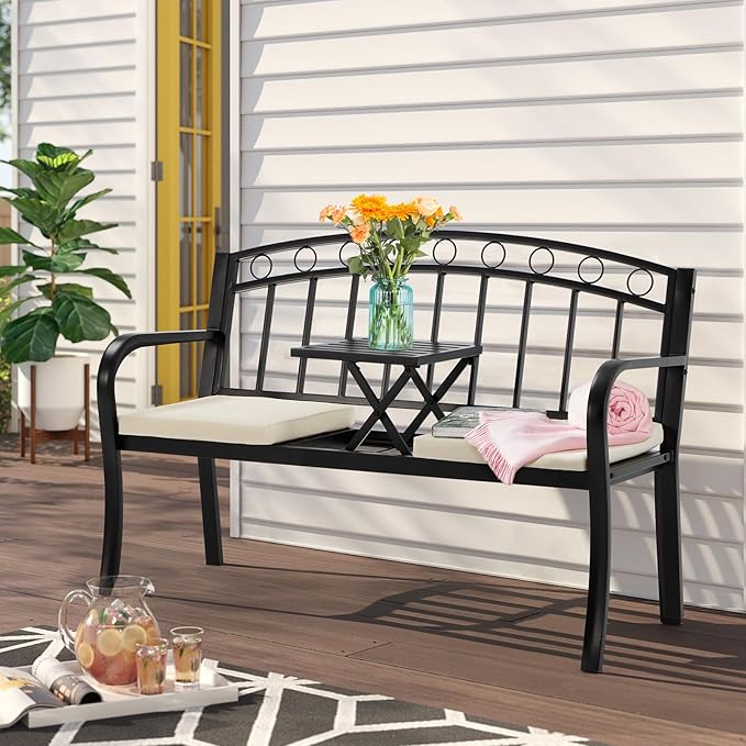 AVAWING Outdoor Metal Garden Bench, 2-Seat Patio Porch Bench with Steel Frame, Park Bench w/Pullout Middle Table＆ Cushion for Backyard Lawn Deck Entryway, Black-Ruum Studio Home