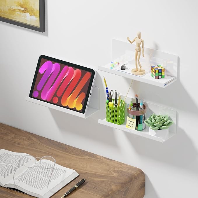 Acrylic Wall Floating Shelves Set of 2, Wall Shelves White 12 Inch Adhesive Wall Organizer Adhesive Shelf for Bathroom, Kitchen, Bedroom, Office, Gaming Room, No Damage, No Drill-Ruum Studio Home