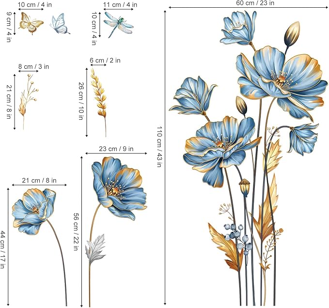 decalmile Large Blue Flower Wall Stickers Floral Butterfly Plants Gold Leaves Wall Decals Bedroom Living Room Sofa TV Background Wall Decor-Ruum Studio Home