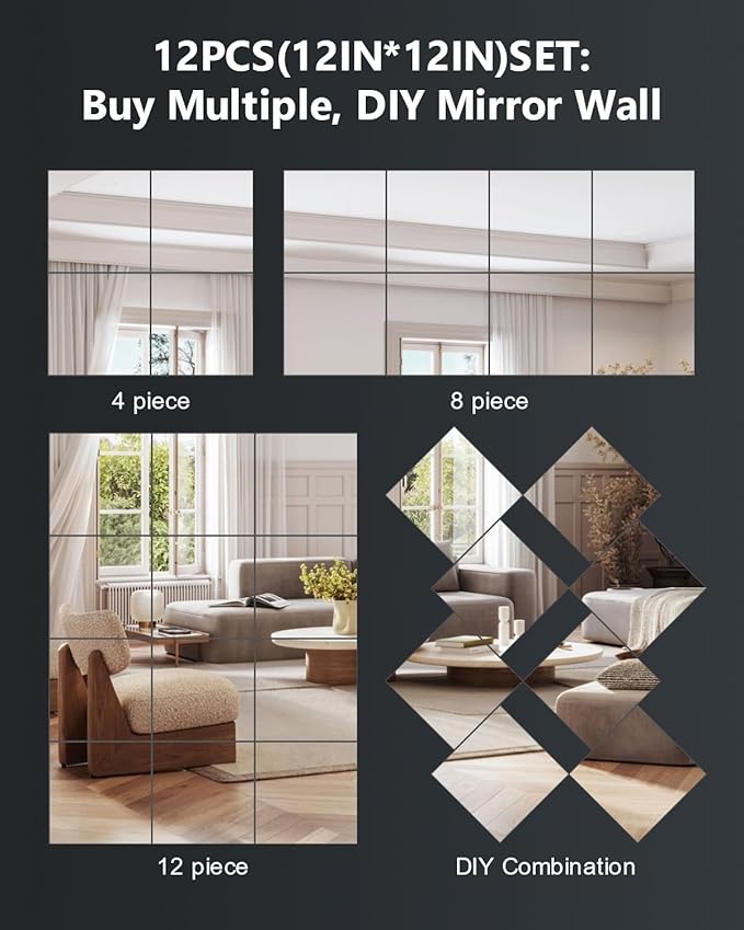 Home Gym Mirrors 12 Inch x 12Pcs Full Length Mirror Tiles Acrylic Unbreakable Wall Mounted Mirror Frameless Full Length for Home Gym, Bedroom, Door-Ruum Studio Home