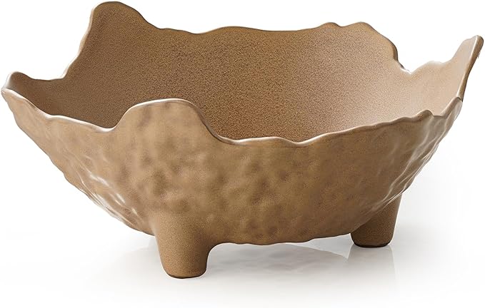 Fruit Bowl for Kitchen Counter, Porcelain Decorative Bowl for Home Décor Modern Pedestal Bowl with 3-Legs Large Centerpiece Bowl for Breads, Nuts, Brown-Ruum Studio Home
