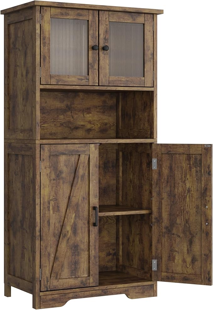 GarveeHome 54in Tall Bathroom Cabinet, Farmhouse Storage Cabinet with Glass Doors and Adjustable Shelves, Freestanding Kitchen Pantry Cabinets, Cupboard for Living Room, Dining Room, Rustic Brown-Ruum Studio Home