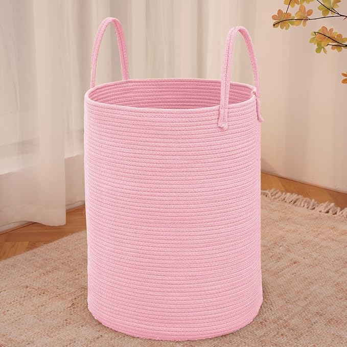 Large Woven Laundry Basket Hamper,60L Cotton Rope Storage Bin for Blankets,Toys and Clothes,Decorative Tall Nursery Hamper for Living Room,Baby Nursery,Bathroom and Bedroom,Pink-Ruum Studio Home