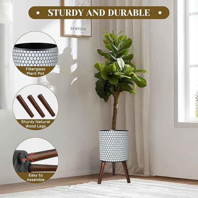 Flower Pot with Legs Tall Flower Pot with Drainage Holes for Indoor and Outdoor Decorative Planting (White Black Honeycomb, 12 Inches)-Ruum Studio Home