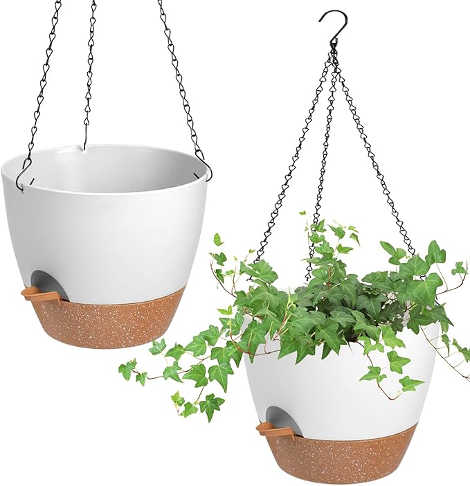 Hanging Planters for Indoor Outdoor Plants, 2 Pack Self Watering Hanging Pot with Drainage Holes & Removable Tray (White, 8'')-Ruum Studio Home