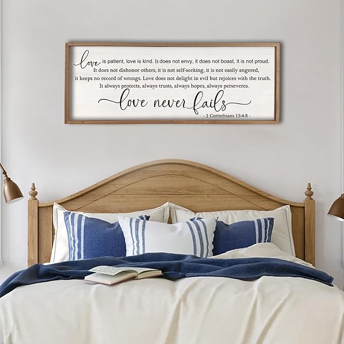 flowtorely Love is Patient, Kind Wall Art Decor 40"X15" Sign 1 Corinthians 13 Bedroom Above Bed Wall Decor Large Bible Verse Quote Scripture Christianity Hanging Sign (Wood)-Ruum Studio Home