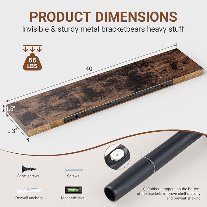 Heimlove 40 Inches Floating Shelves for Wall,9.3" Deep Rustic Brown Long Floating Shelves Set of 2,Large Display Shelf & Storage Shelf,Wall Shelf for Bathroom Bedroom Living Room Kitchen Office-Ruum Studio Home